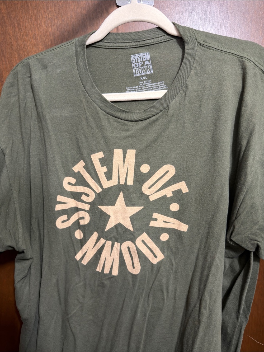 Hot Topic System Of A Down Olive Green Graphic Tee with Cream Logo